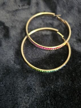 Gold Color Hoop Earrings with Pink and Green Accents - Women Fashion Jewelry
